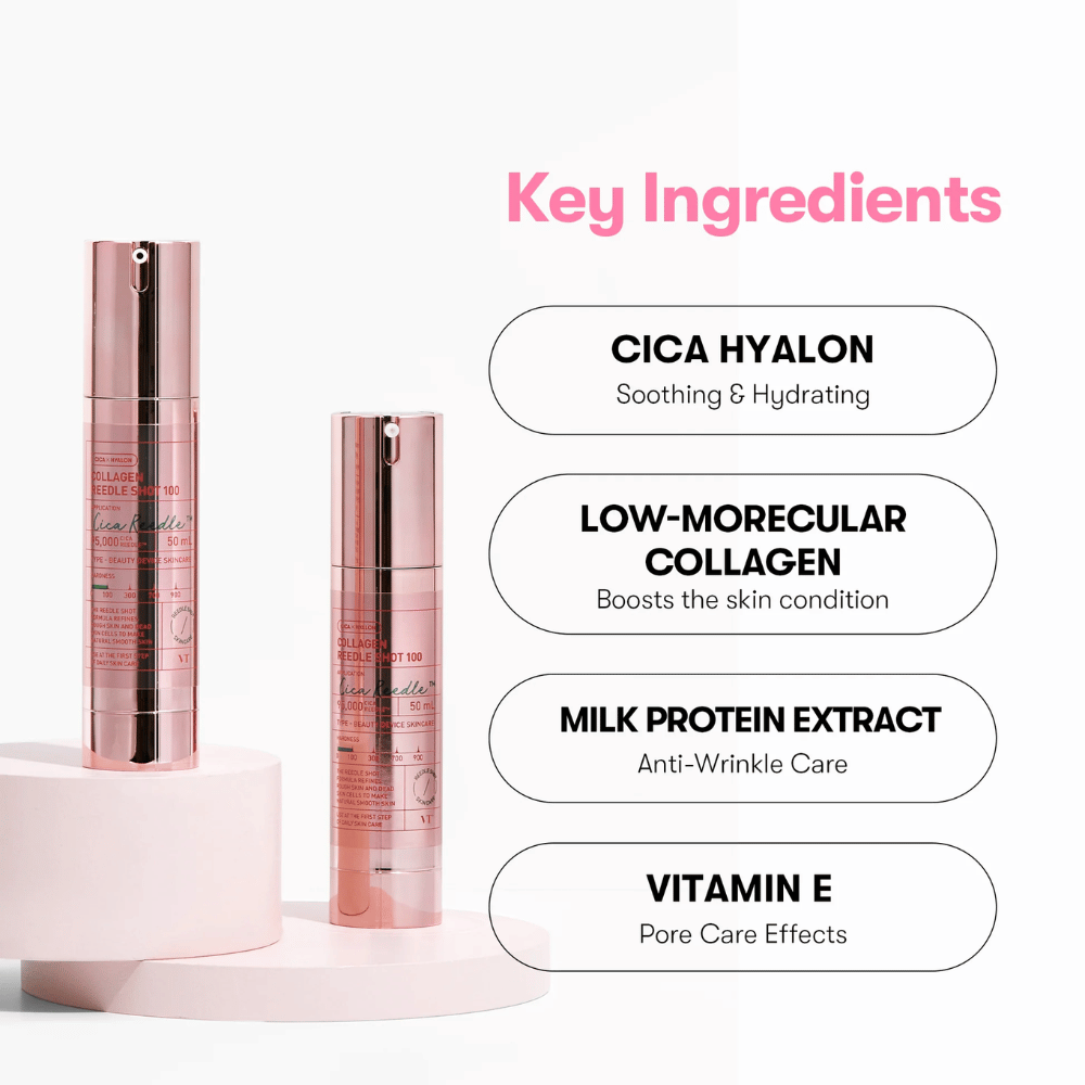 Close-up of VT Collagen Reedle Shot 100 and its key ingredients: Cica Hyalon, collagen, milk protein, and vitamin E.