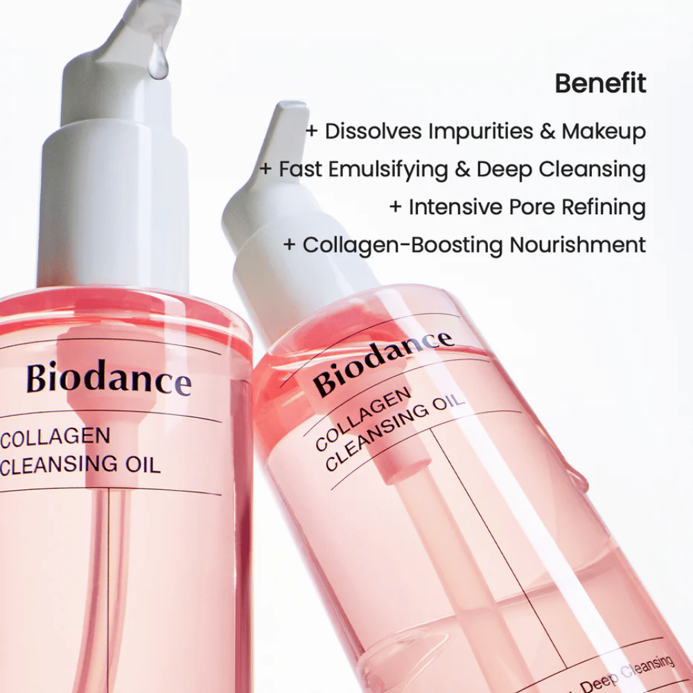 Two bottles of Biodance Collagen Cleansing Oil with pink tinted liquid and white pump, set against a light background. The text lists benefits such as deep cleansing, makeup removal, and collagen support.