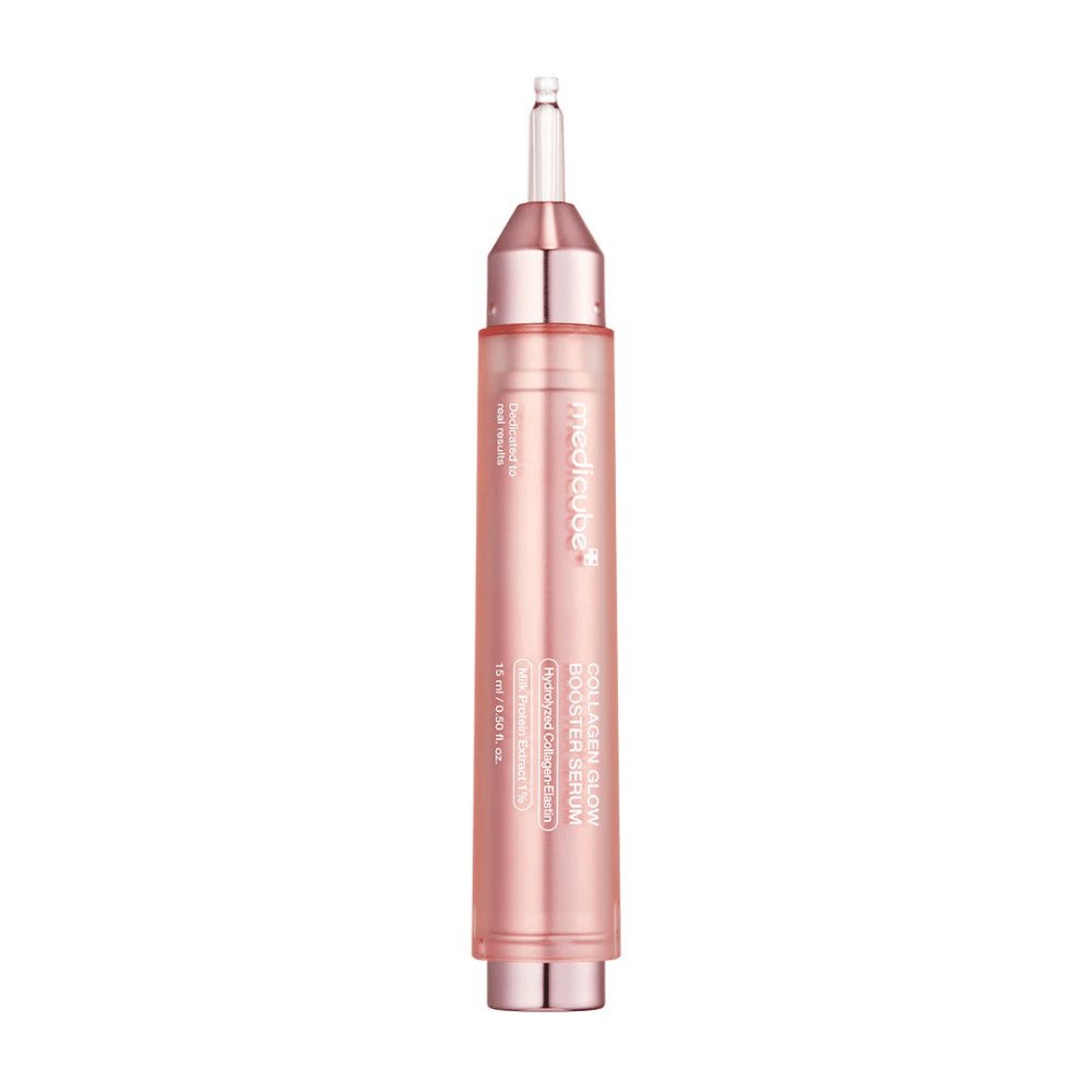 Medicube Collagen Glow Booster Serum is an advanced skincare product designed to enhance the skin's radiance and elasticity. The packaging is elegant in pink, highlighting the serum's focus on giving the skin a youthful and radiant glow.