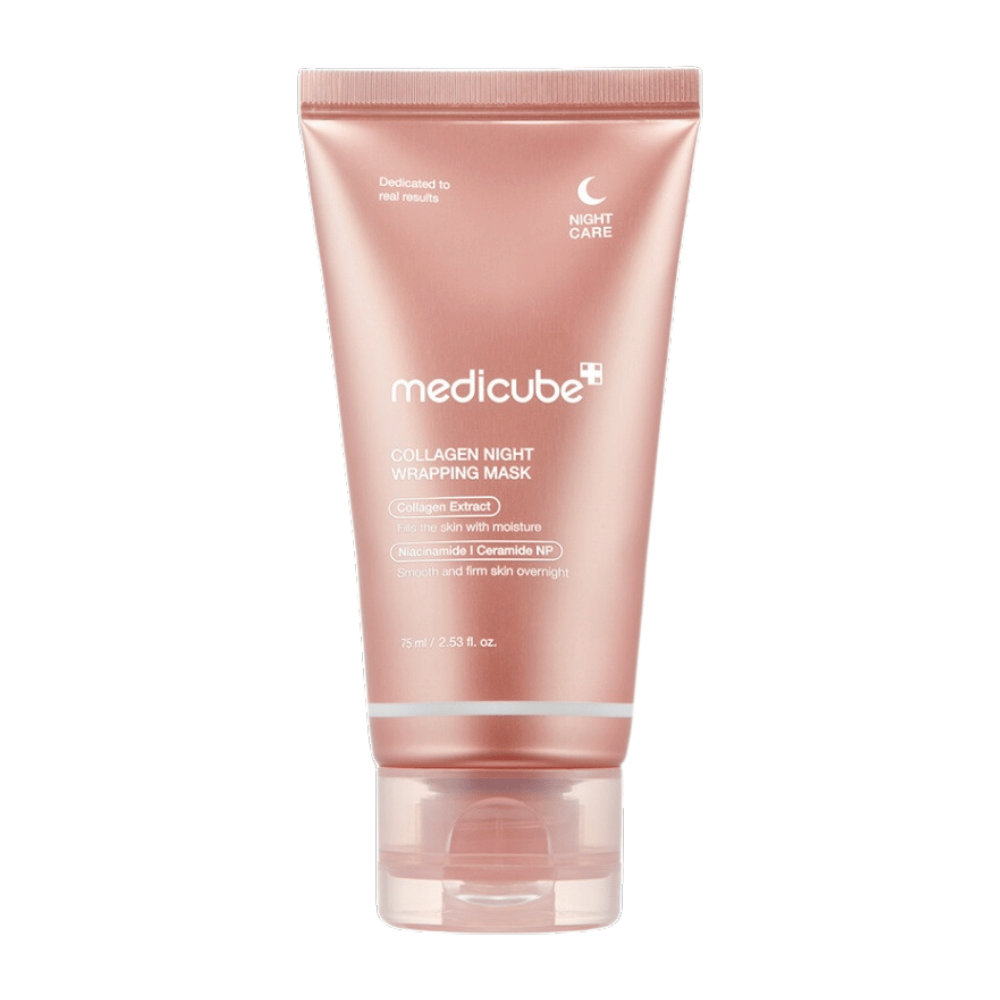 Medicube Collagen Night Wrapping Mask, a night mask with collagen extract that moisturizes and strengthens the skin overnight. Contains niacinamide and ceramide NP for smoother and firmer skin. Content: 75 ml.