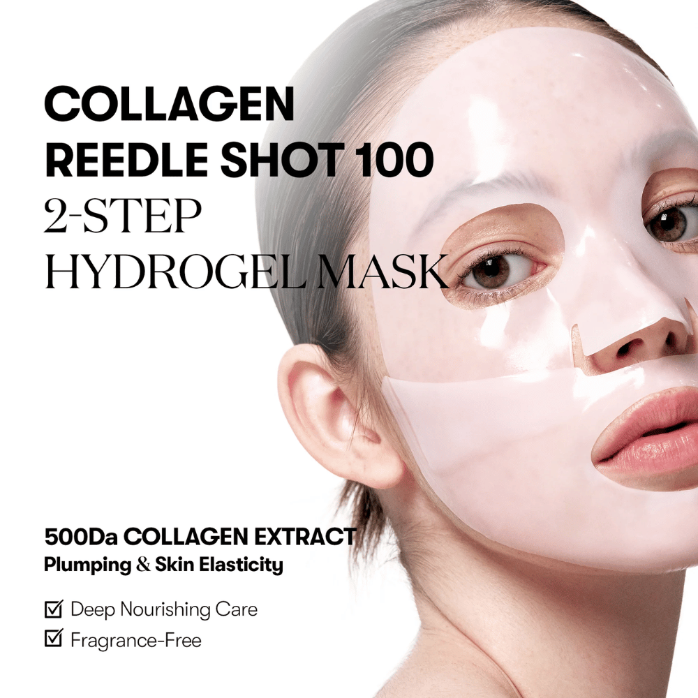 Close-up of a woman wearing a transparent 2-step hydrogel mask. Text on the image promotes "Collagen Reedle Shot 100" with 500Da collagen extract for skin elasticity, and that the product is fragrance-free and provides deep nourishment.