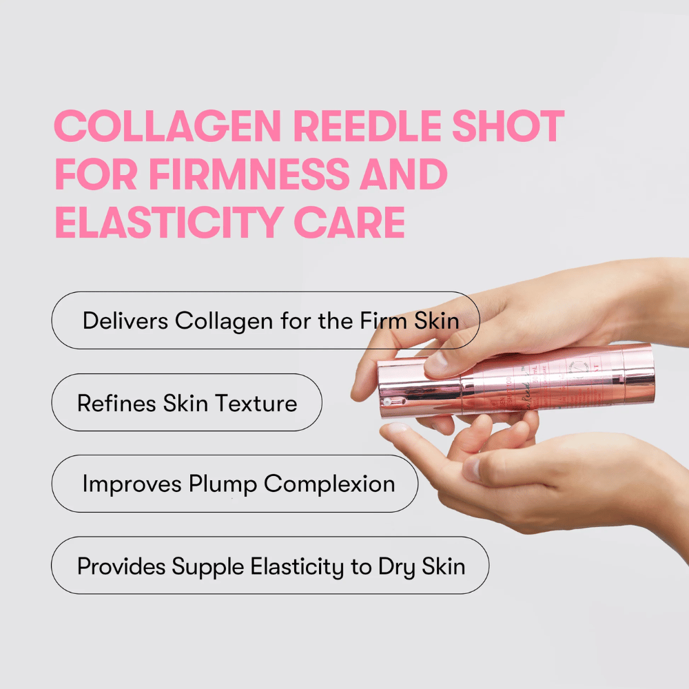 Person holding VT Collagen Reedle Shot 100. The serum strengthens skin firmness, improves texture, and provides plump elasticity.