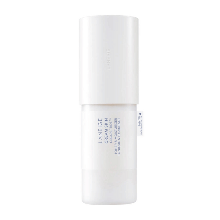 Laneige Cream Skin Cerapeptide Refiner i en vit flaska med pump. Produkten kombinerar toner och fuktkräm, designad för att återfukta och tona huden.
