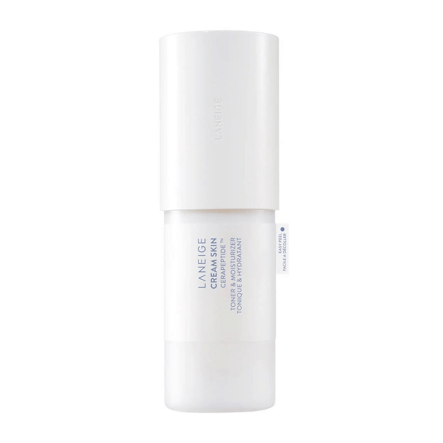 Laneige Cream Skin Cerapeptide Refiner i en vit flaska med pump. Produkten kombinerar toner och fuktkräm, designad för att återfukta och tona huden.