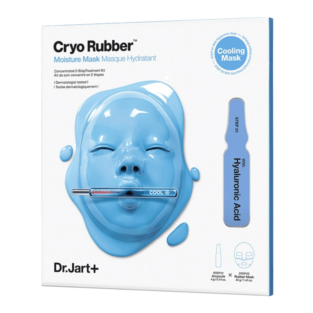 Packaging of Dr.Jart+ Cryo Rubber Moisture Mask with blue face-shaped mask and a hyaluronic acid ampoule, marked as "Cooling Mask" and step-by-step usage guide.