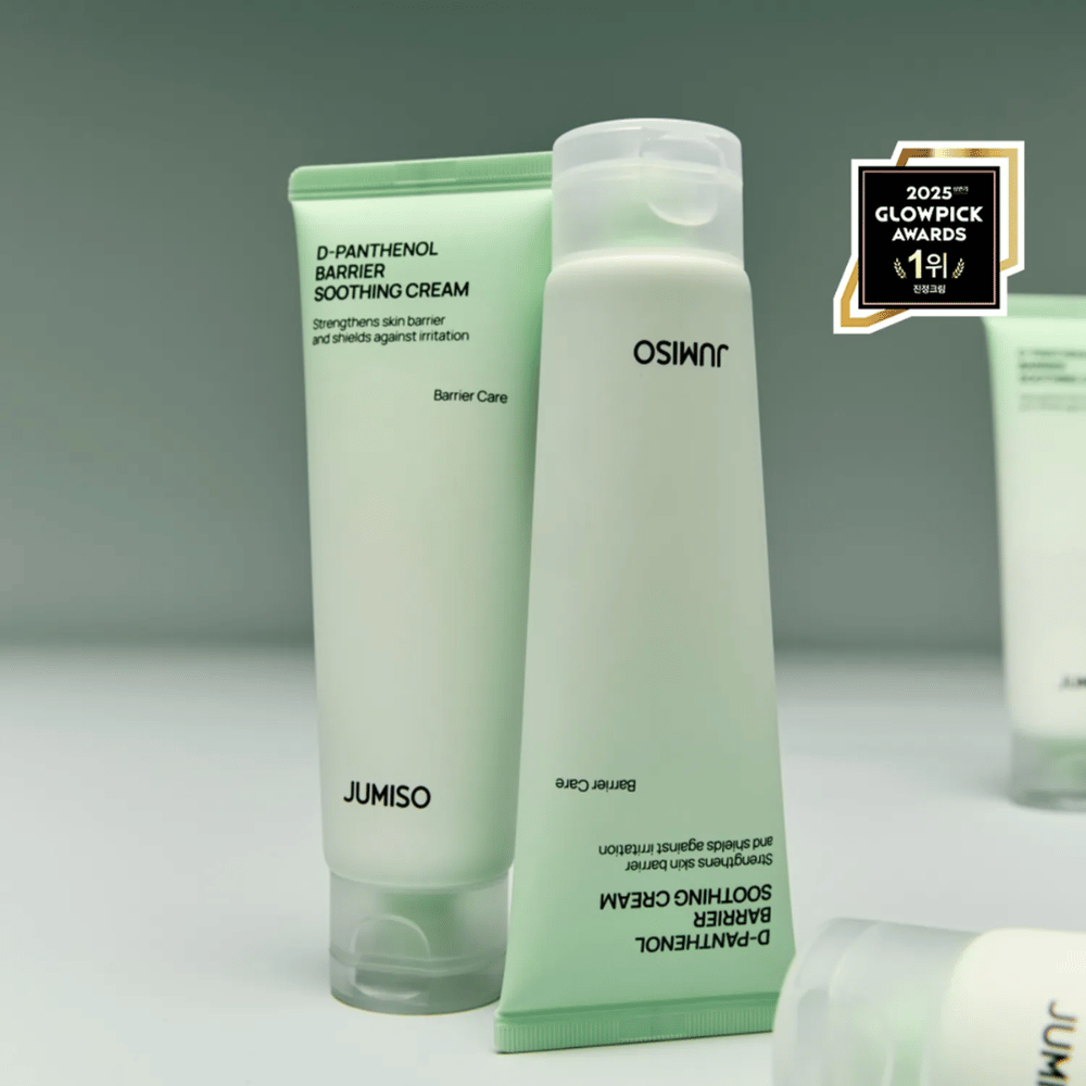 Jumiso D-Panthenol Barrier Soothing Cream in a tube with a cap, photographed from the side with Glowpick Awards 2025 logo.