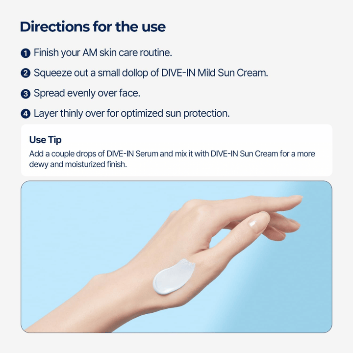 Instructional image showing how the product is used step by step. Below the text, a hand is shown with a dab of sunscreen on the back against a light blue background.
