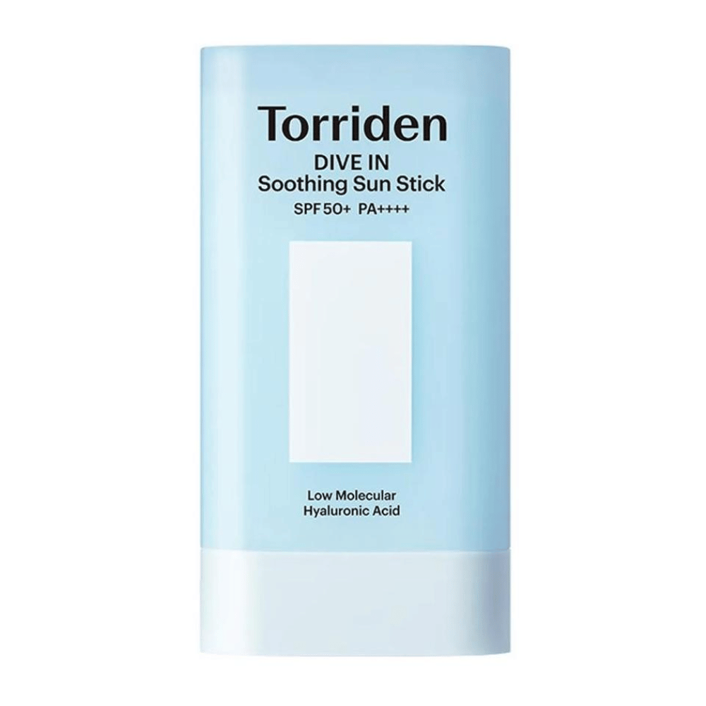 Torriden DIVE IN Soothing Sun Stick SPF50+ PA++++ with low molecular weight hyaluronic acid in light blue packaging against a neutral background.