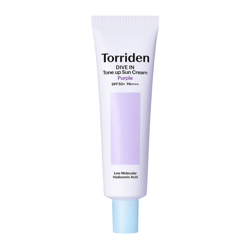 Torriden DIVE IN Tone Up Sun Cream Purple SPF50+ PA++++ in a white and purple tube with low molecular weight hyaluronic acid against a neutral background.