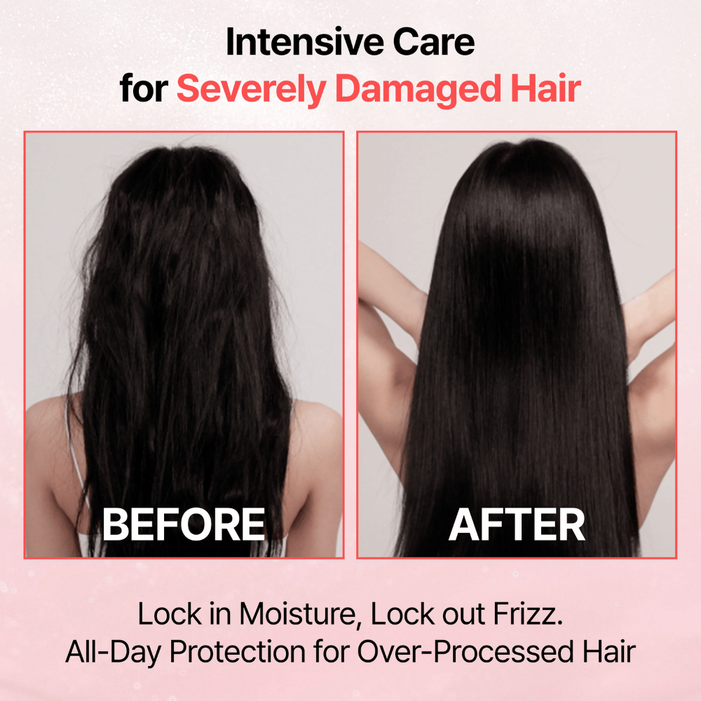 Before-and-after image showing the results of GROWUS Damage Therapy No-Wash Treatment EX with smoother, shinier, and less frizzy hair after use.