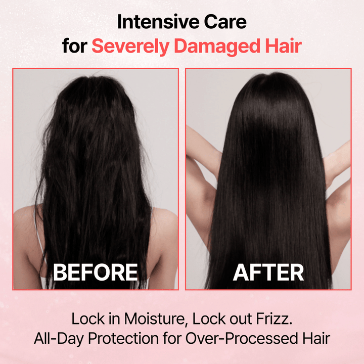 Before-and-after image showing the results of GROWUS Damage Therapy No-Wash Treatment EX with smoother, shinier, and less frizzy hair after use.