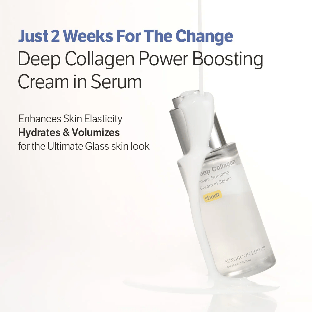 Sungboon Editor Deep Collagen Power Boosting Cream in Serum täckt av rinnande kräm. Produkt som återfuktar, stärker elasticitet och ger glasig hud.