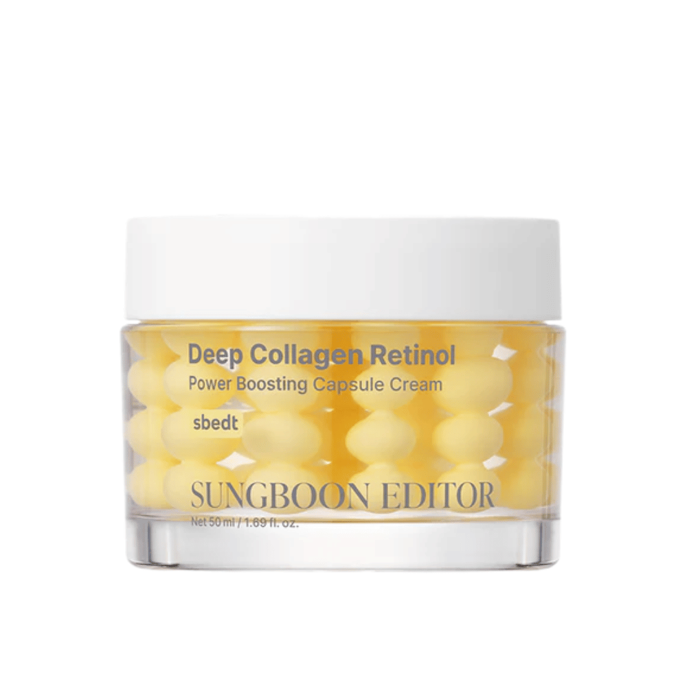 Sungboon Editor Deep Collagen Retinol Capsule Cream in glass jar with yellow capsules. A powerful anti-aging cream with retinol and collagen.
