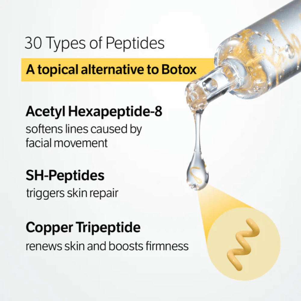 SUNGBOON EDITOR Deep Collagen Silk Peptide Intensive Ampoule with 30 types of peptides that help reduce fine lines, strengthen the skin, and improve skin texture.