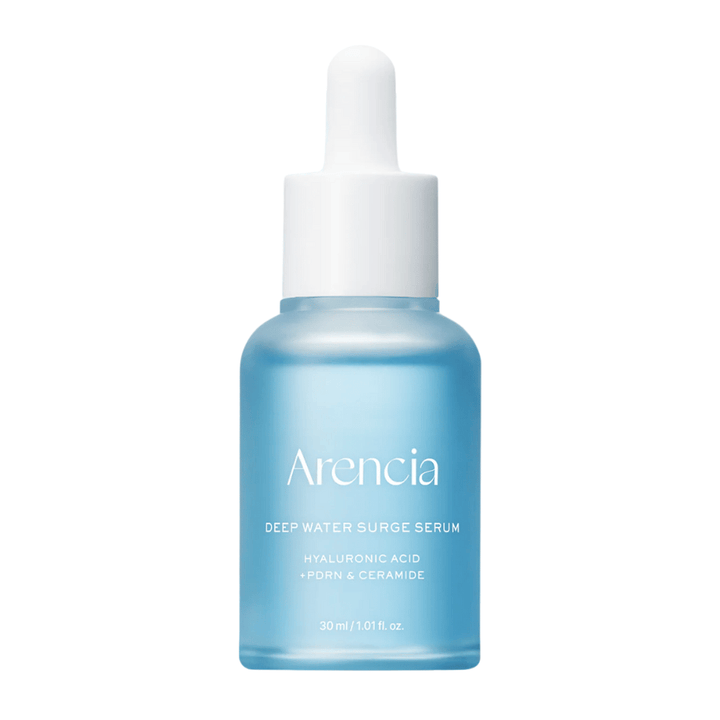 Arencia Deep Water Surge Serum 30 ml on white background – hydrating serum with hyaluronic acid, PDRN and ceramides for sensitive, dry, and moisture-lacking skin.