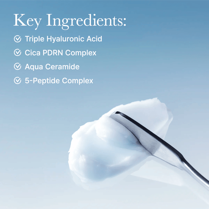 Key ingredients in Arencia Deep Water Surge Soothing Cream with triple hyaluronic acid, Cica PDRN, aqua ceramide, and 5-peptide complex for intense hydration and skin barrier support.