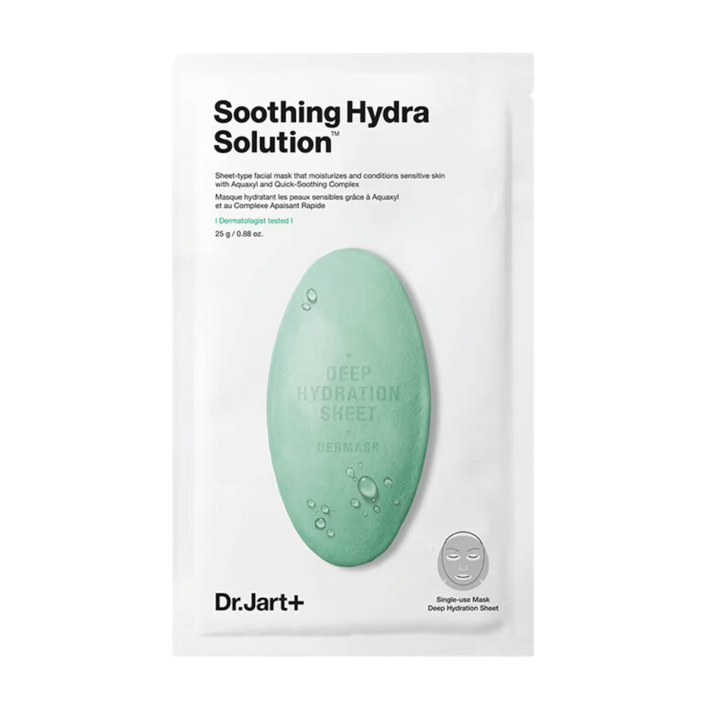 A package of Dr.Jart+'s "Soothing Hydra Solution" deep hydrating face mask, with a green water drop-shaped design against a white background. The mask is a single-use product intended for deep hydration.