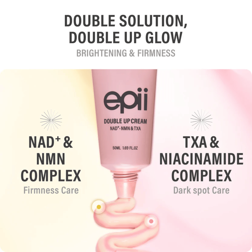 EPII Double Up Cream NAD+, NMN & TXA – face cream with niacinamide and tranexamic acid for even skin tone, firmness, and hydration.