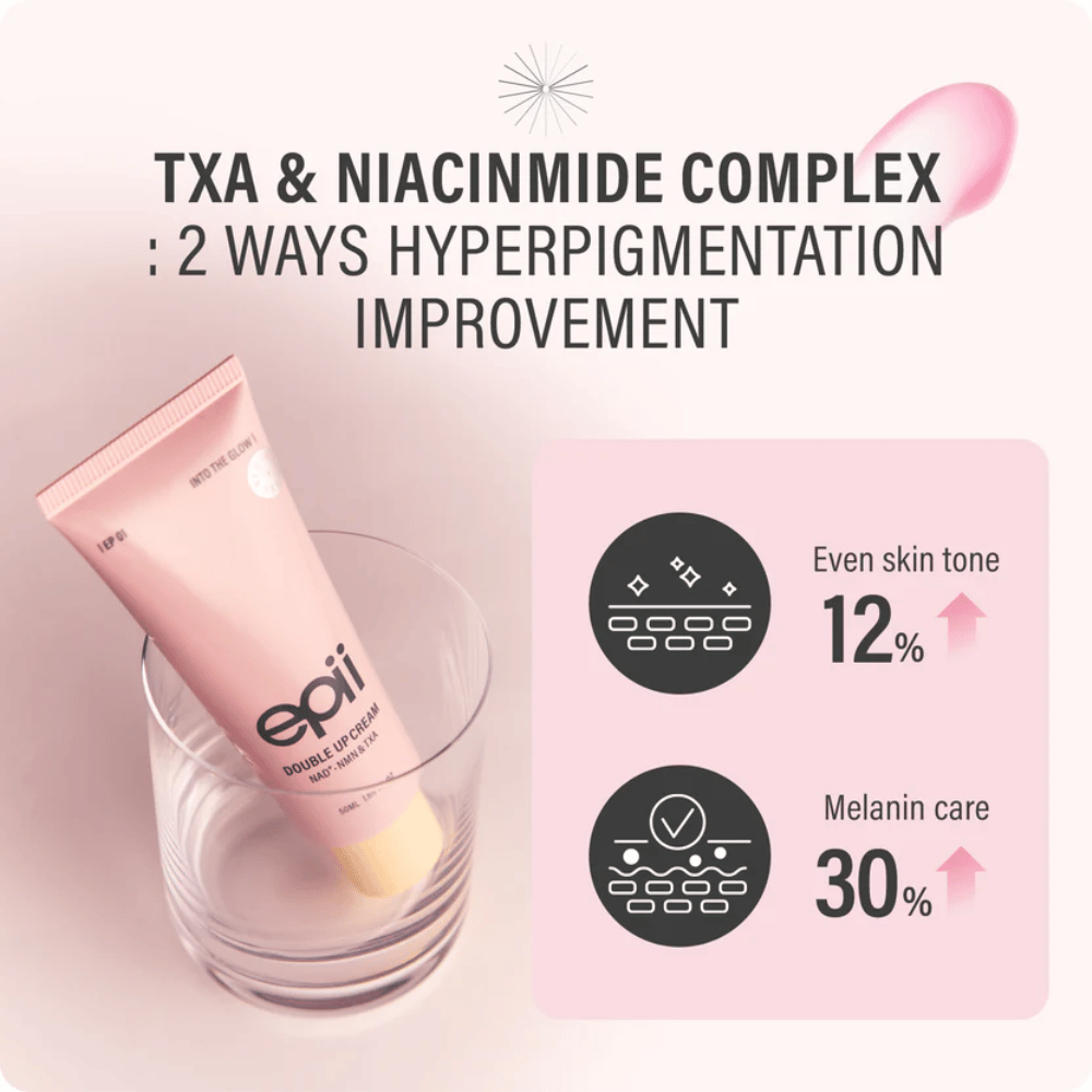 EPII Double Up Cream with NAD+, NMN, tranexamic acid, and niacinamide that helps even out skin tone and reduce visible pigmentation.