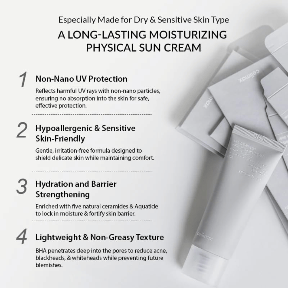 Celimax Dual Barrier Watery Sun Cream SPF50+ PA++++ with physical UV filters, five ceramides, and Aquatide that moisturize and strengthen the skin barrier.