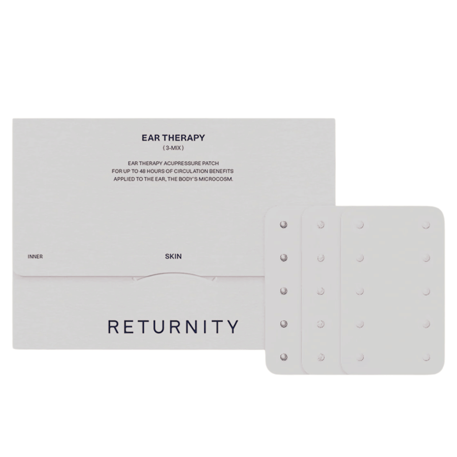 RETURNITY Ear Therapy Acupressure Patch 30pcs (3-Mix) with packaging and three different types of acupressure patches. The set contains several variants for customized ear acupressure and daily use.