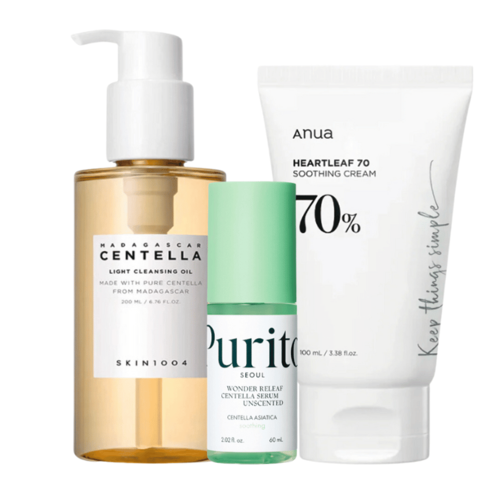 This Skincare kit contains three steps for radiant skin: SKIN1004 Madagascar Centella Light Cleansing Oil for gentle cleansing, Purito Wonder Relief Centella Serum for hydration, and Anua Heartleaf 70 Soothing Cream for soothing care. Perfect for daily use.
