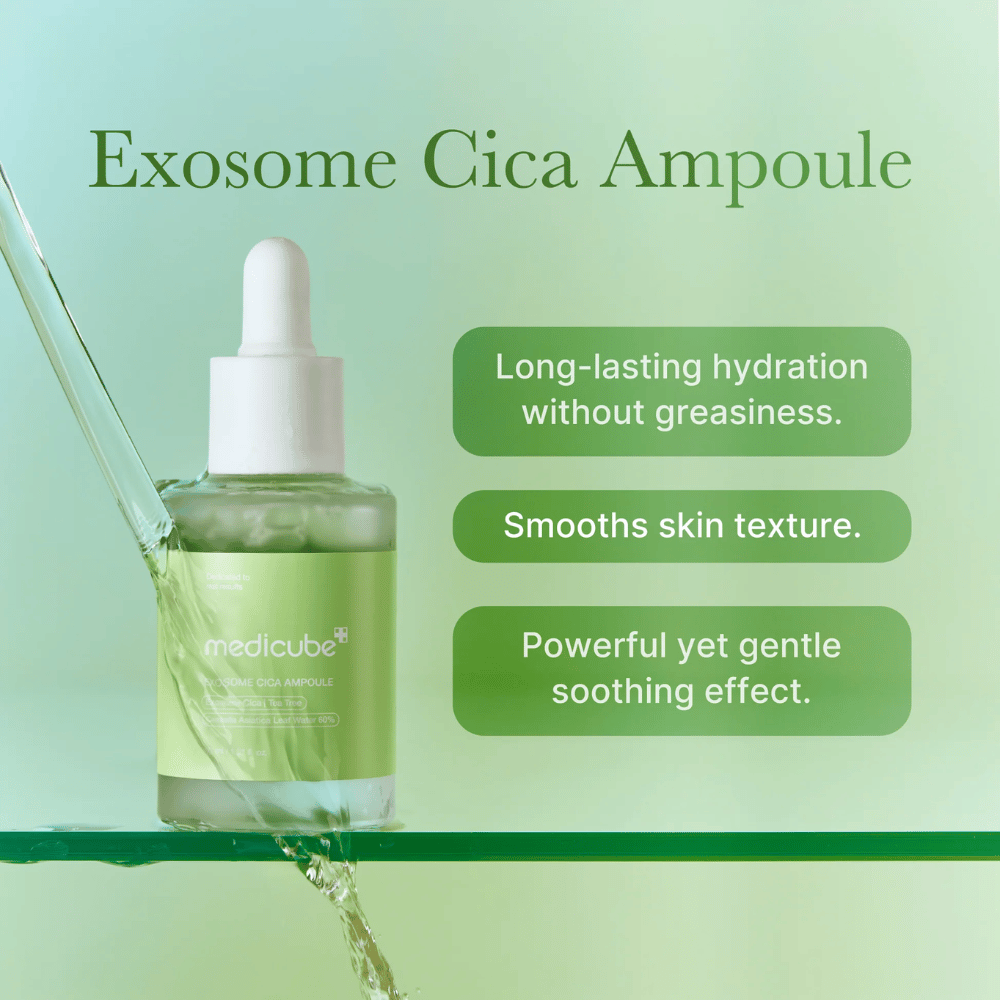 Medicube Exosome Cica Ampoule with green water flow, highlighted for long-lasting hydration, even skin tone, and powerful yet gentle soothing effect.