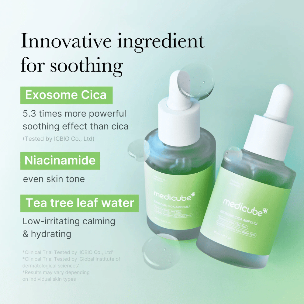 Två flaskor Medicube Exosome Cica Ampoule, formulerad med Exosome Cica, niacinamid och tea tree leaf water för lugnande effekt.