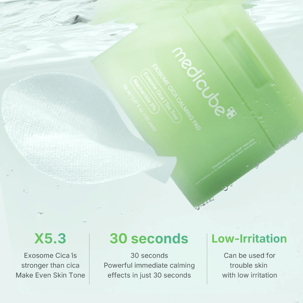 Medicube Exosome Cica Calming Pads underwater, with Benefits: 5.3x stronger than cica, effect in 30 seconds, low irritation.
