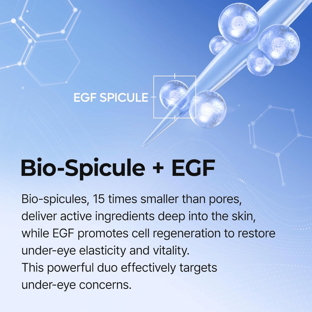 Eyephalt Eyebag Cream with EGF and spicule technology that stimulates cell renewal and reduces dark circles as well as sagging skin under the eyes