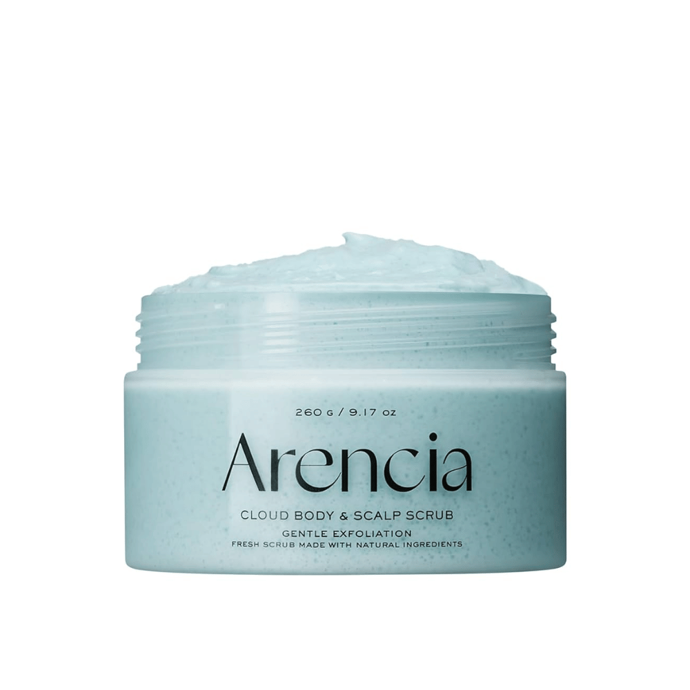 Arencia Fresh Cloud Scrub French Mint & Lily on a white background. Refreshing body and scalp scrub that gently exfoliates and gives a cooling, soft skin feeling.
