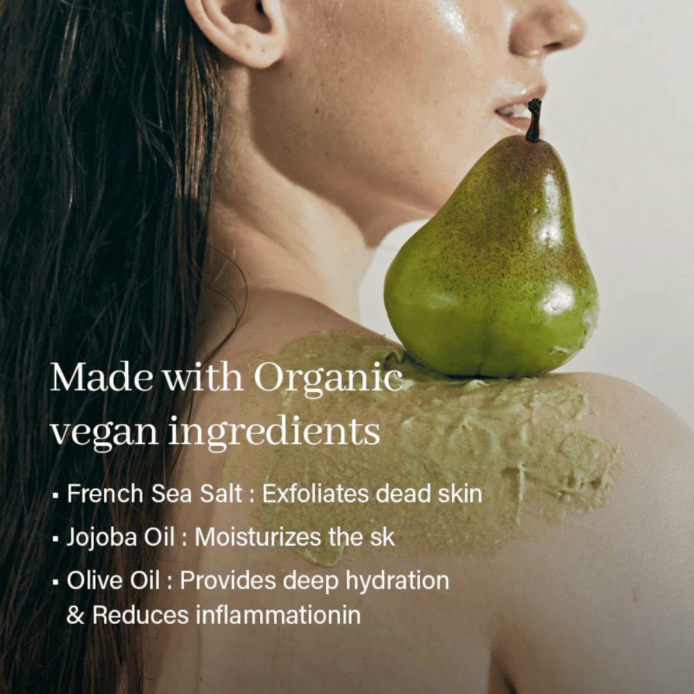 Arencia body scrub applied on skin with pear as ingredient inspiration. Exfoliating scrub with sea salt and nourishing oils that removes dead skin cells.