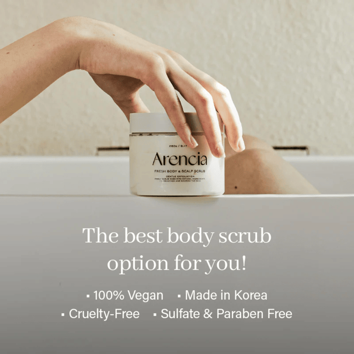 Arencia Fresh Cloud Body & Scalp Scrub by the bathtub with a message about vegan formulation. Natural body scrub that exfoliates, cleanses, and leaves the skin fresh.