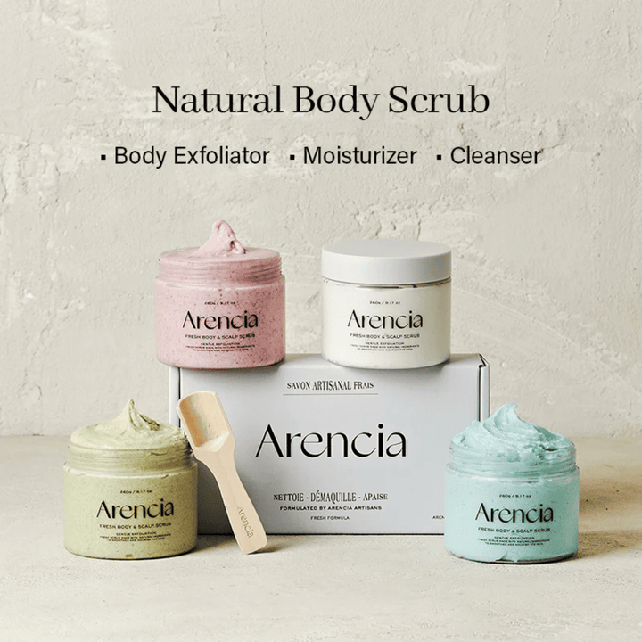 Arencia Fresh Cloud Body & Scalp Scrub in multiple variants arranged together. Vegan body scrub and scalp scrub that exfoliates, moisturizes, and cleanses the skin.