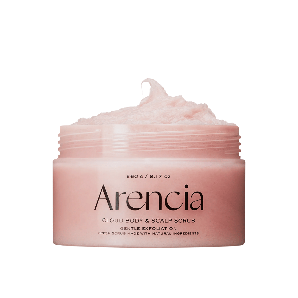 Arencia Fresh Cloud Scrub Lavender & Pear in an open jar on a white background. Creamy body scrub and scalp scrub that gently exfoliates and leaves the skin soft and moisturized.