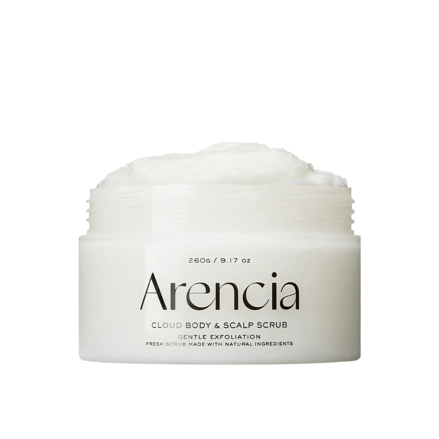 Arencia Fresh Cloud Scrub White Tea & Neroli in an open jar on a white background. Creamy body scrub and scalp scrub that gently exfoliates and gives soft, hydrated skin.