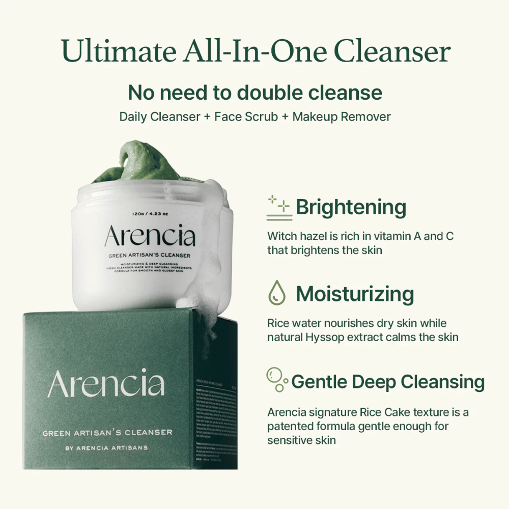 Arencia Green Artisan's Cleanser is shown with jar and box. The text highlights Benefits: Brightening (vitamin A & C), Moisturizing (rice water & hyssop), Gentle Deep Cleansing with patented rice texture.