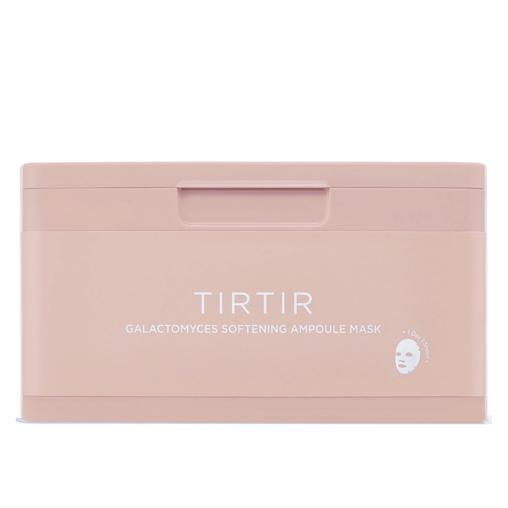 Pink container with the text "TIRTIR GALACTOMYCES SOFTENING AMPOULE MASK" and a small icon of a Sheet mask, designed to store multiple face masks.