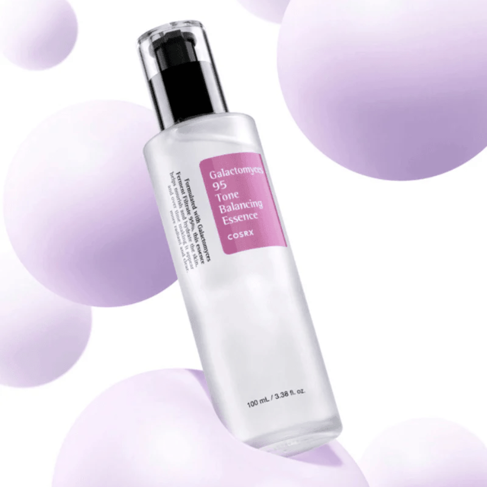COSRX Galactomyces 95 Tone Balancing Essence in a transparent bottle with a purple label. The essence provides radiance, balances skin tone, and improves skin texture.