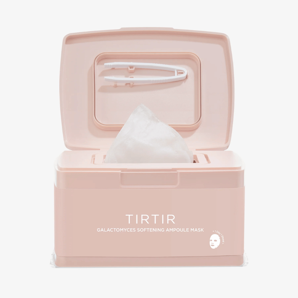 Pink packaging with an open lid showing a raised Sheet mask and an accompanying tweezer attached to the inside of the lid, labeled with the text "TIRTIR GALACTOMYCES SOFTENING AMPOULE MASK".