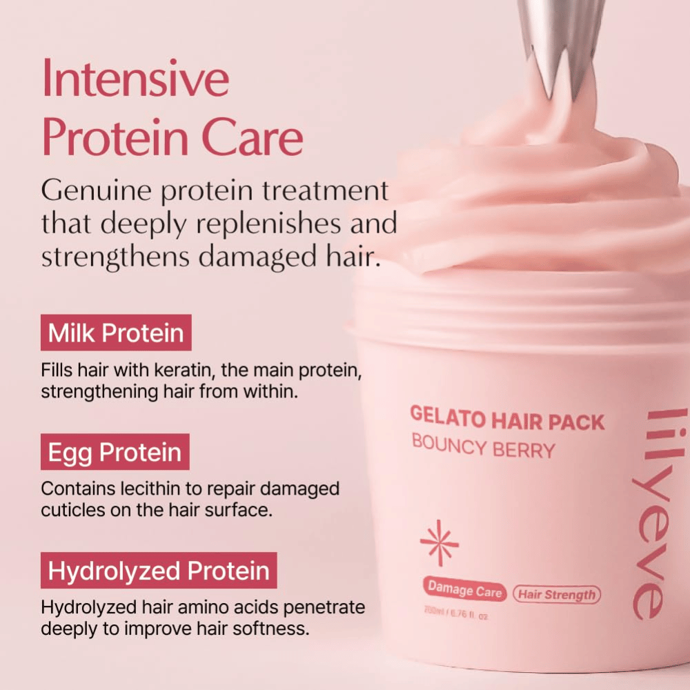 LILYEVE Gelato Hair Pack Bouncy Berry with milk protein, egg protein, and hydrolyzed protein for intensive care of damaged hair.