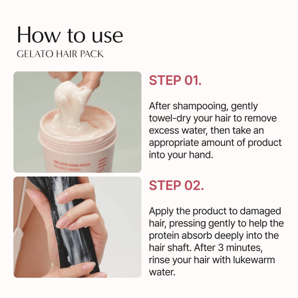 How to use LILYEVE Gelato Hair Pack – apply the hair mask to towel-dried hair, leave on for 3 minutes, and rinse out.