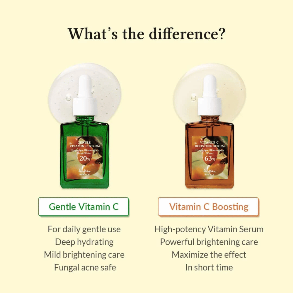 Gentle Vitamin C Serum is perfect for daily use, deeply moisturizing and providing gentle skin brightening. Safe for skin with fungal acne. Vitamin C Boosting Serum has a high concentration for powerful brightening and quick results. Ideal for intensive skin needs.