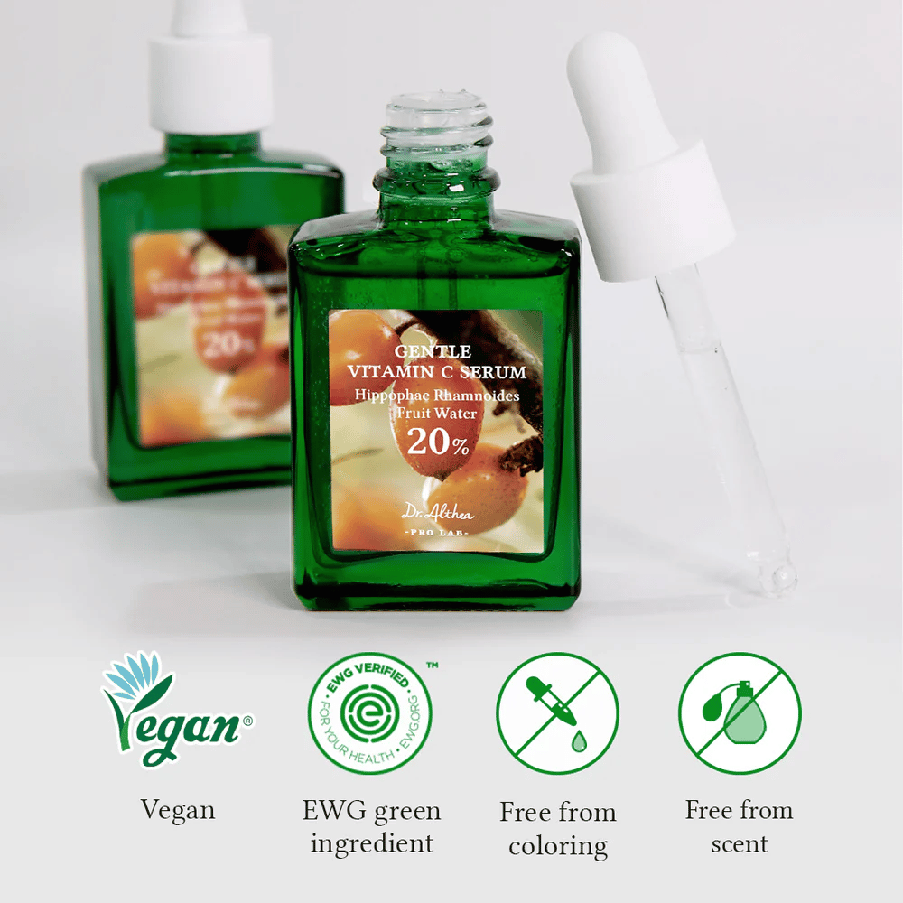 Dr.Althea Gentle Vitamin C Serum is vegan and EWG-verified for safe and environmentally friendly ingredients. Free from dyes and perfume, making it perfect for sensitive skin. Contains 20% sea buckthorn water to hydrate, brighten, and protect the skin.
