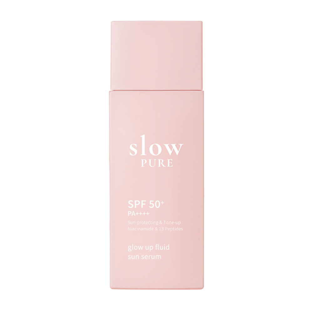 Slow Pure Glow Up Fluid Sun Serum SPF 50+ PA++++ in pink bottle with sun-protective and radiance-enhancing formula.