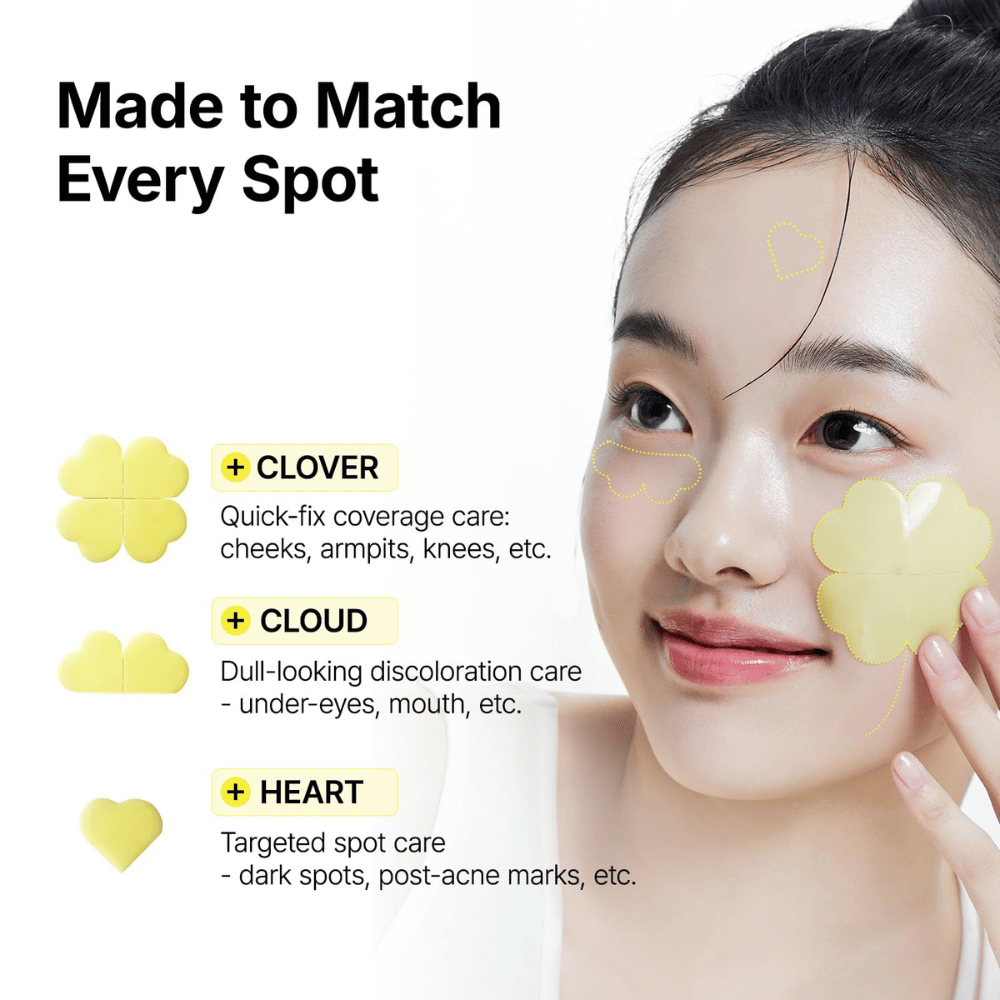 Ma:nyo Glutathione 7 Dark Spot Serum Patch with clover-, cloud-, and heart-shaped patches for targeted treatment of different skin areas