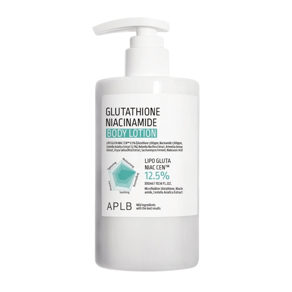APLB Glutathione Niacinamide Body Lotion product image with pump bottle and advanced formula for hydration, radiance, and improved skin elasticity