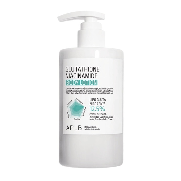 APLB Glutathione Niacinamide Body Lotion product image with pump bottle and advanced formula for hydration, radiance, and improved skin elasticity