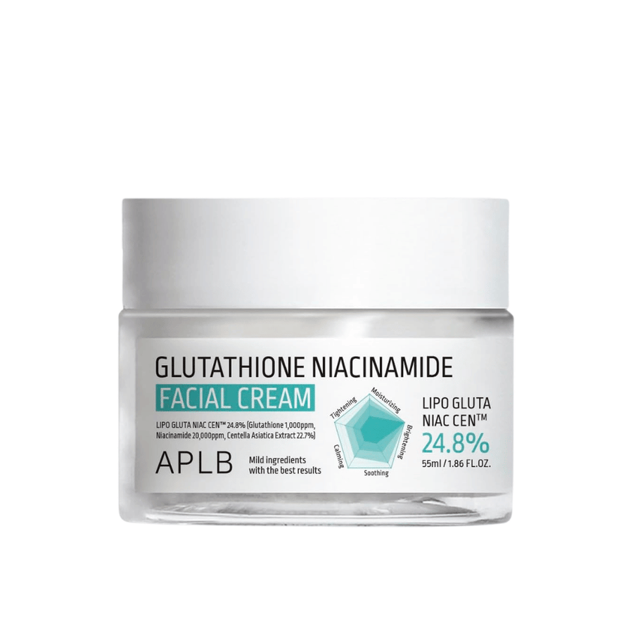 APLB Glutathione Niacinamide Facial Cream in a jar with a light formula that moisturizes, evens out skin tone, and gives increased radiance