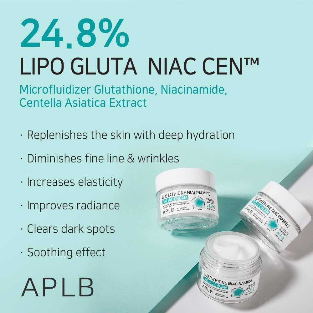 APLB Glutathione Niacinamide Facial Cream 24.8% Lipo Gluta Niac Cent with deep hydration, anti-aging effect, and improved skin tone
